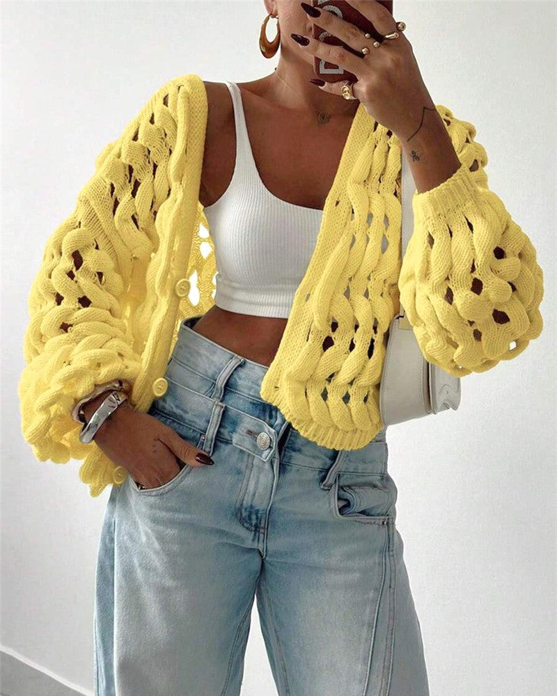 Pointelle Open Knit Balloon Sleeve Cardigan - Yellow