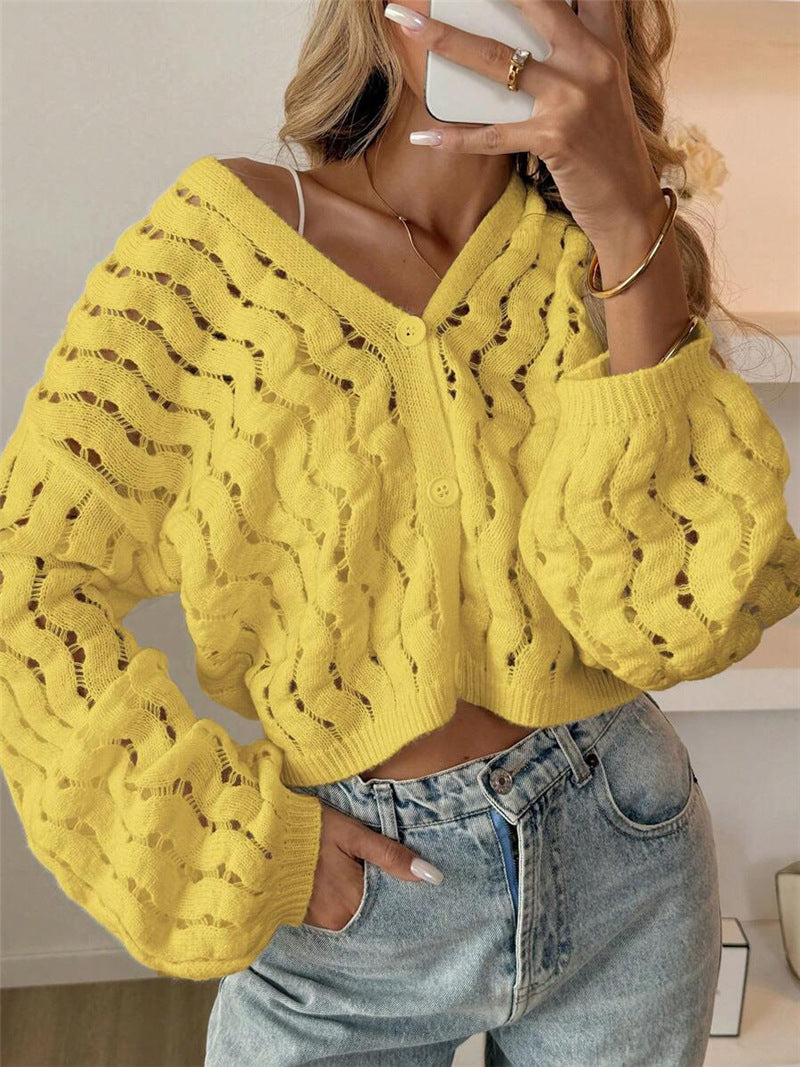 Pointelle Open Knit Balloon Sleeve Cardigan - Yellow - 1