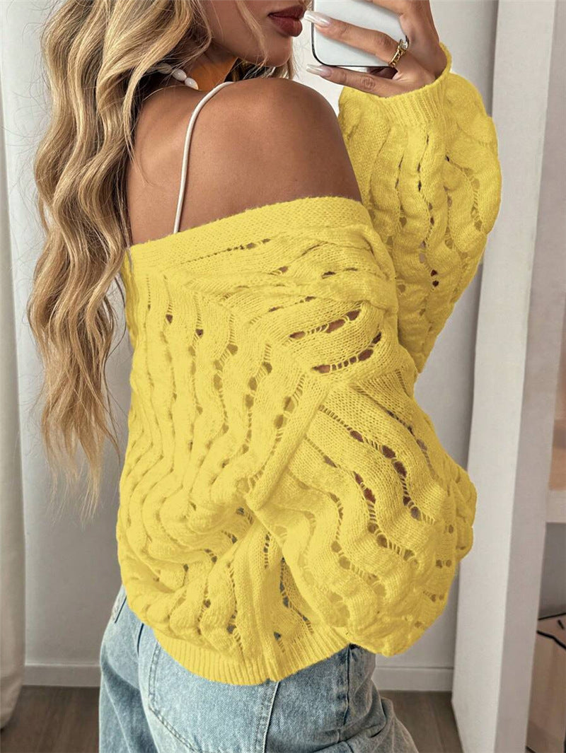 Pointelle Open Knit Balloon Sleeve Cardigan - Yellow - 2