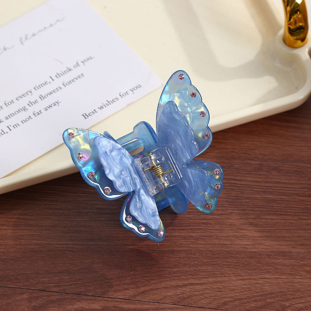 Layered Butterfly Rhinestone Hair Clip - Blue
