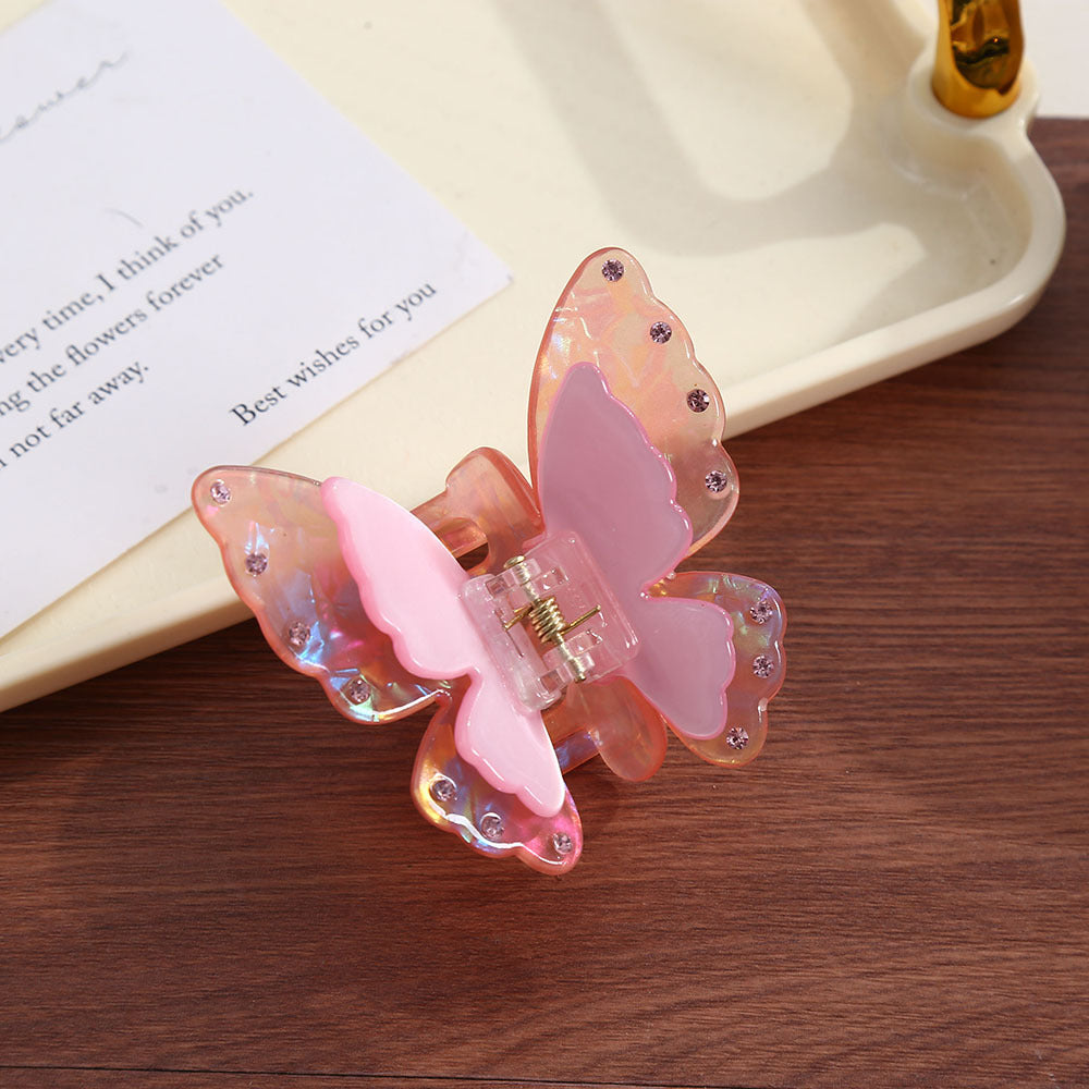 Layered Butterfly Rhinestone Hair Clip - Pink
