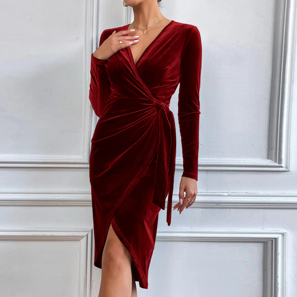 Ruched Velvet Wrap Midi Dress - Wine - 2