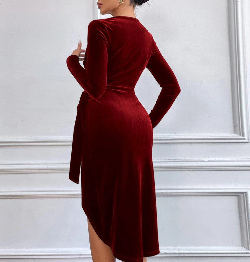 Ruched Velvet Wrap Midi Dress - Wine - 3