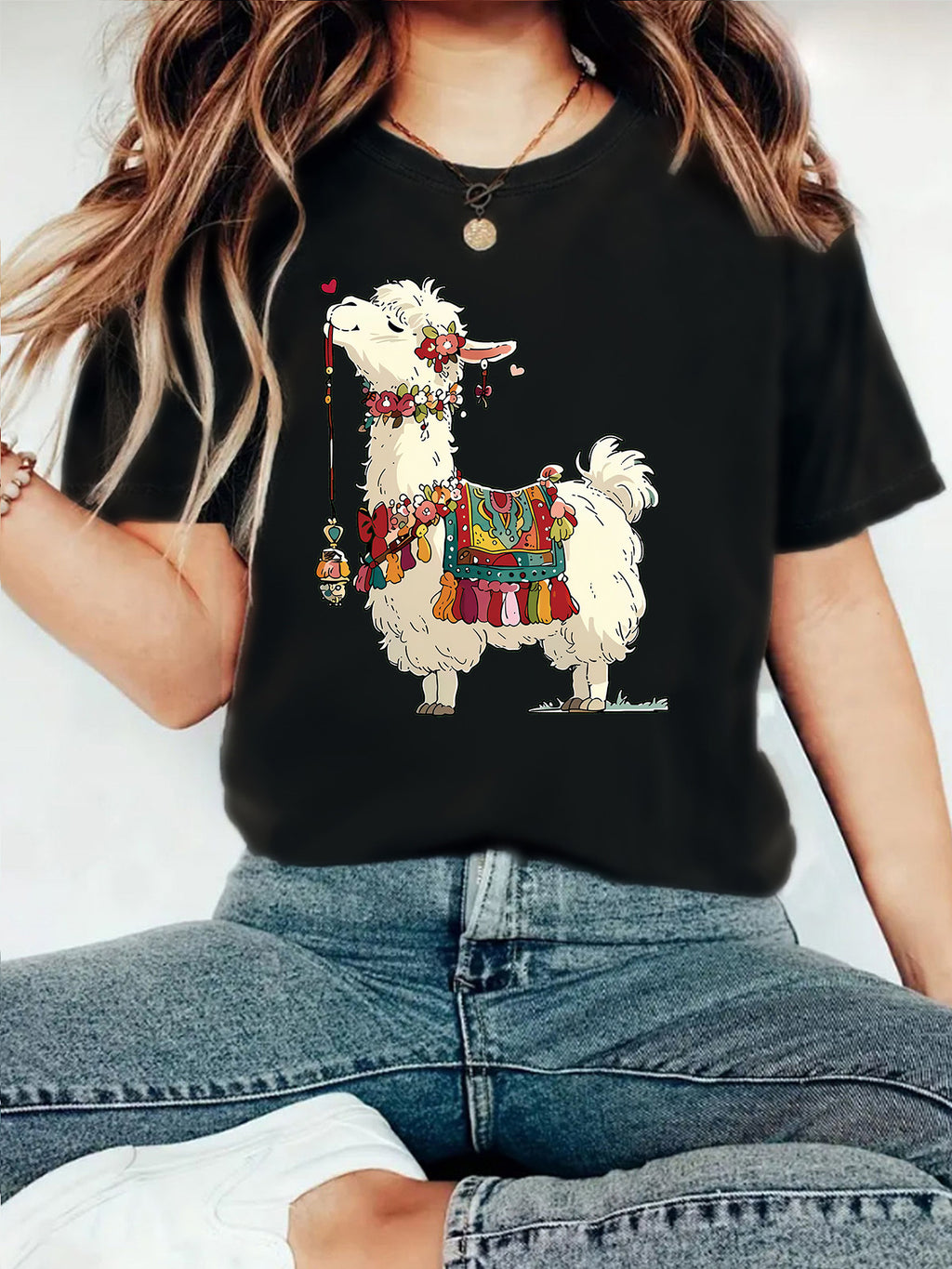 Fluffy Llama Graphic Short Sleeve Tee - Black