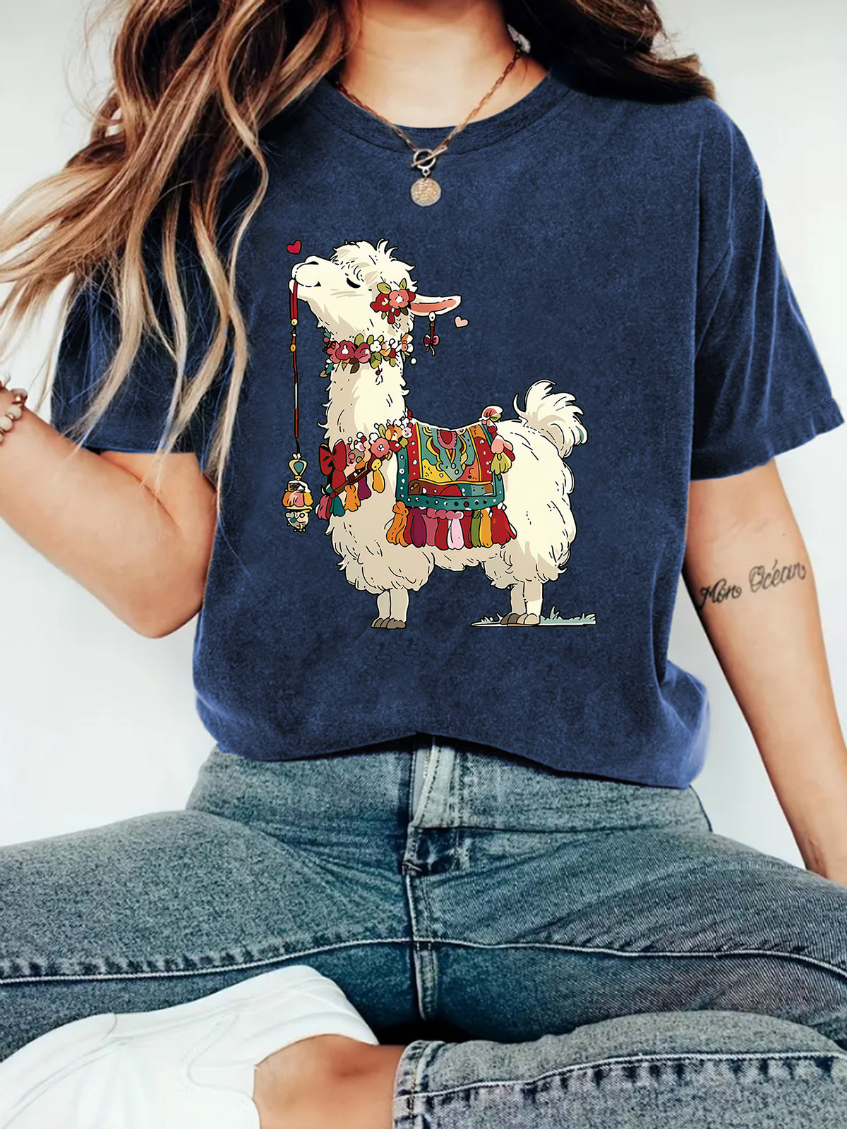 Fluffy Llama Graphic Short Sleeve Tee - Blue