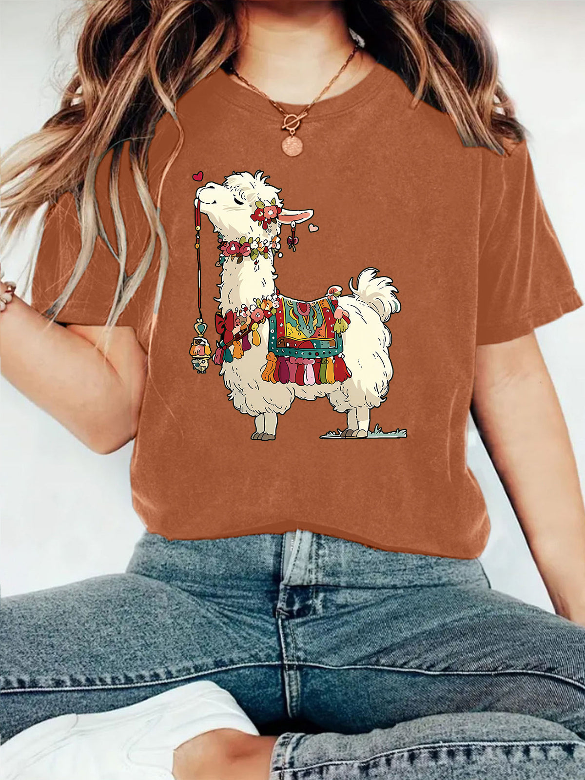 Fluffy Llama Graphic Short Sleeve Tee - Brown