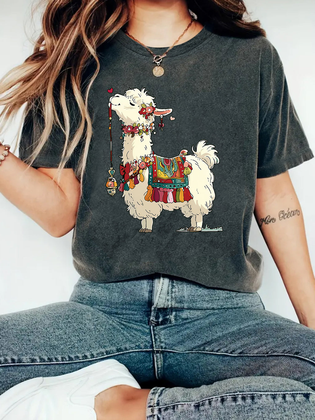 Fluffy Llama Graphic Short Sleeve Tee - Greyblack