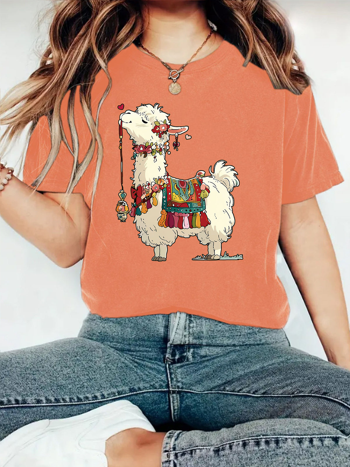 Fluffy Llama Graphic Short Sleeve Tee - Orange