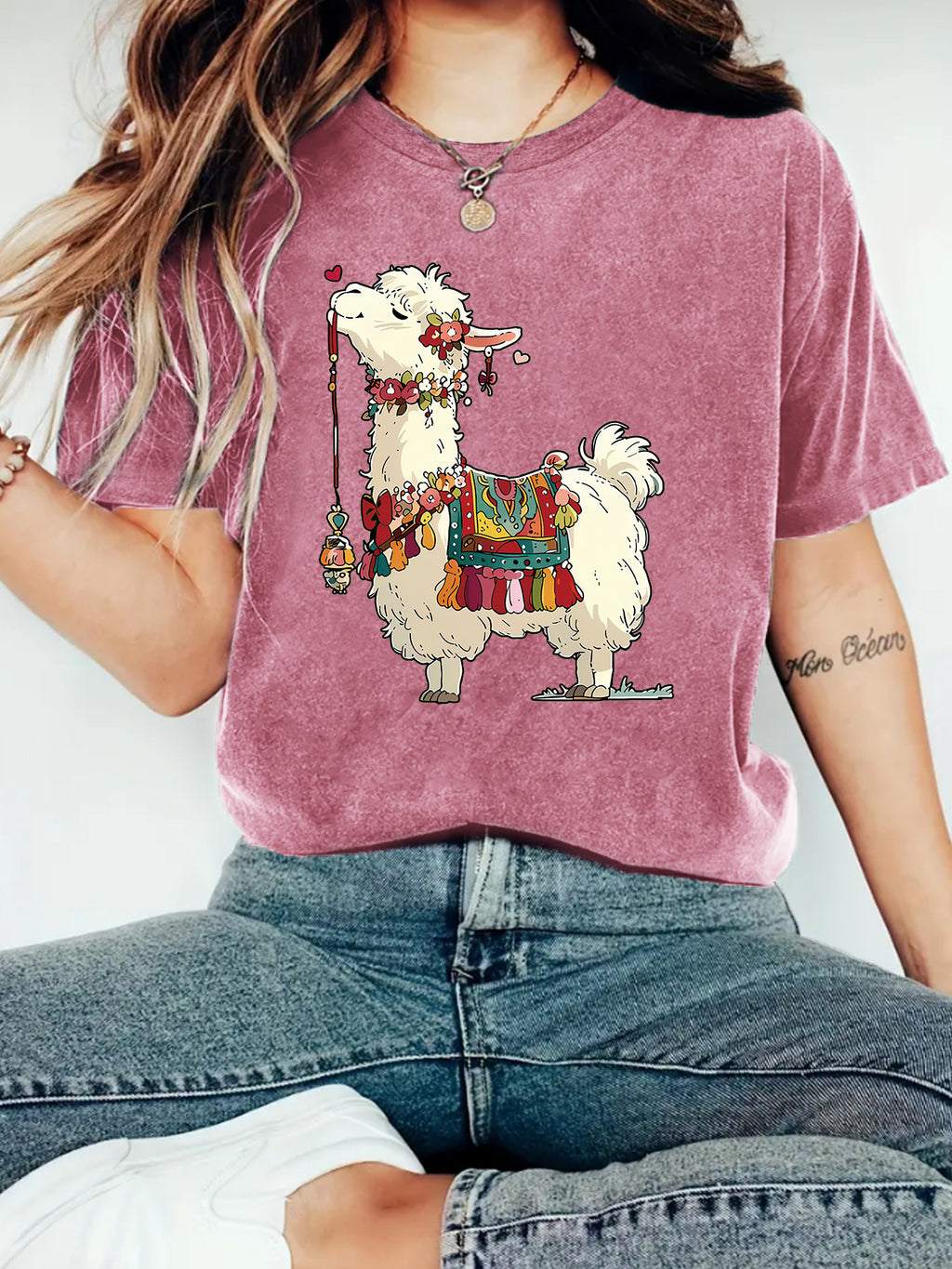 Fluffy Llama Graphic Short Sleeve Tee - Pink