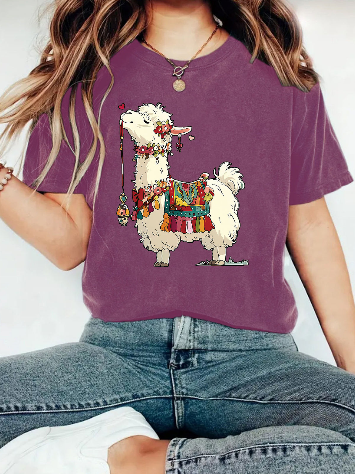 Fluffy Llama Graphic Short Sleeve Tee - Purple
