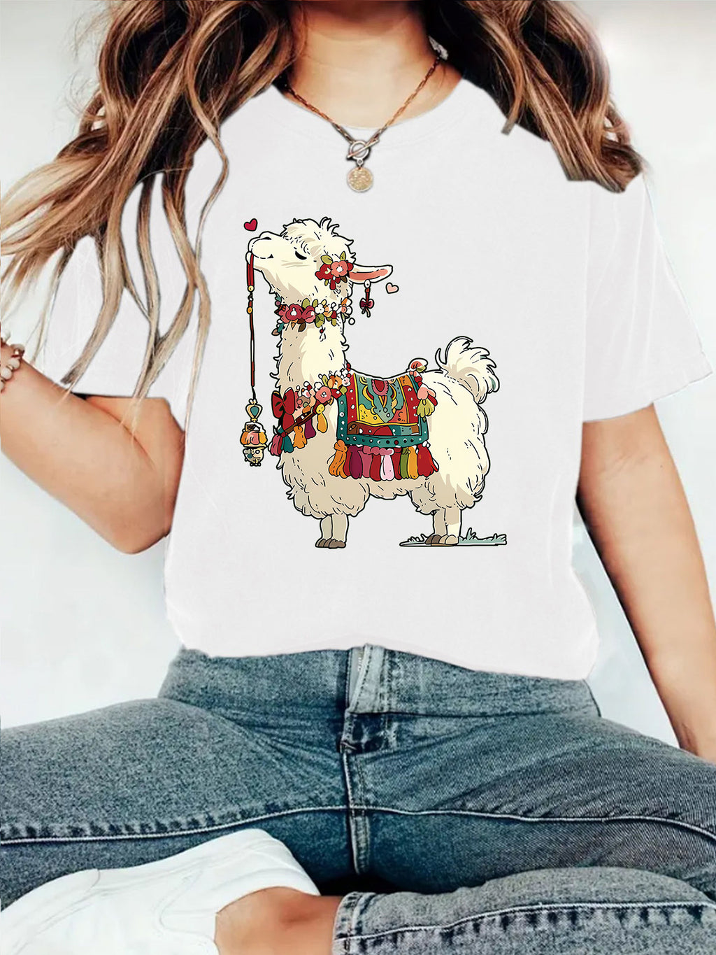 Fluffy Llama Graphic Short Sleeve Tee - White