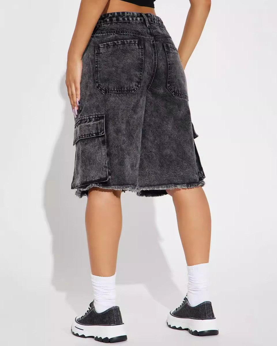Longline Cargo Jorts With Frayed Hem - Black