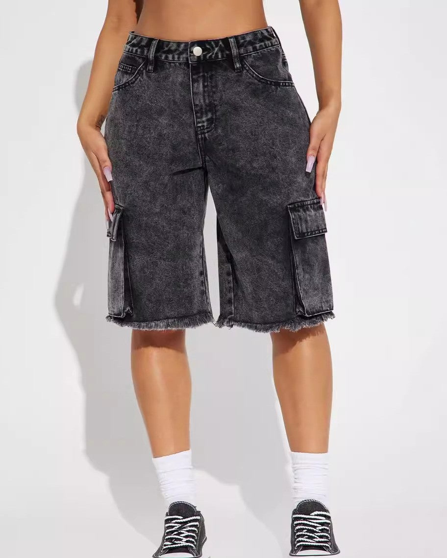 Longline Cargo Jorts With Frayed Hem - Black - 1
