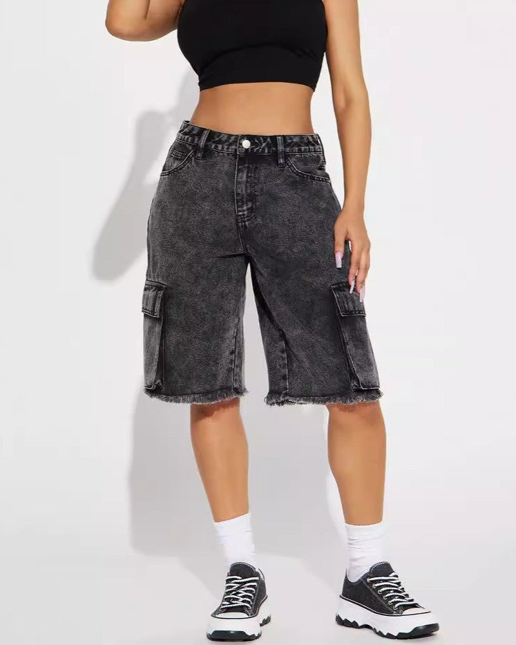 Longline Cargo Jorts With Frayed Hem - Black - 2