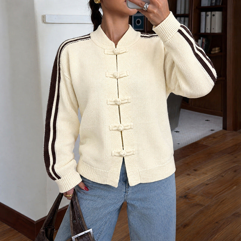 Apricot Stripe Sleeve Frog Button Boxy Knit Cardigan - Apricot