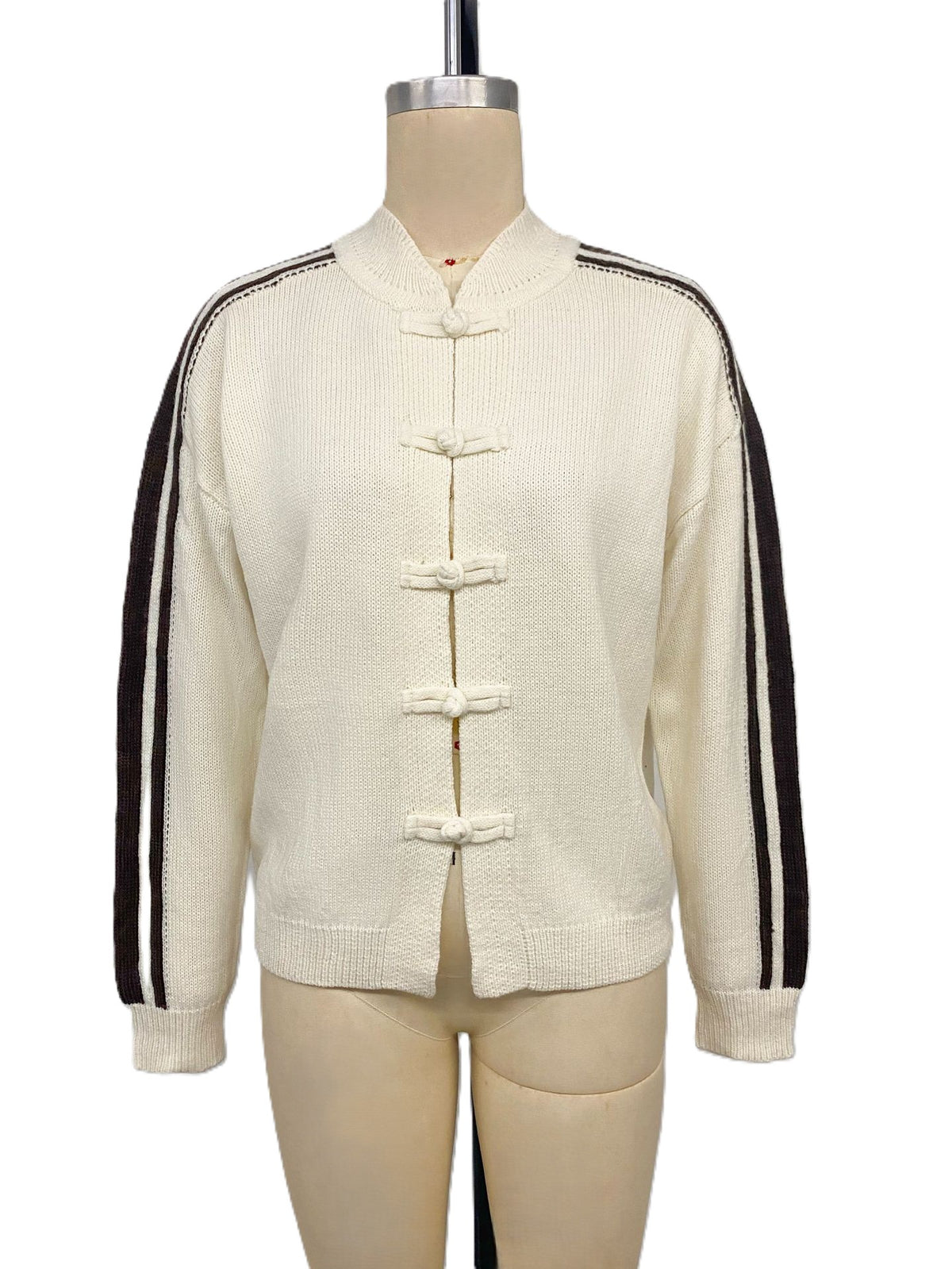 Apricot Stripe Sleeve Frog Button Boxy Knit Cardigan - Apricot - 1