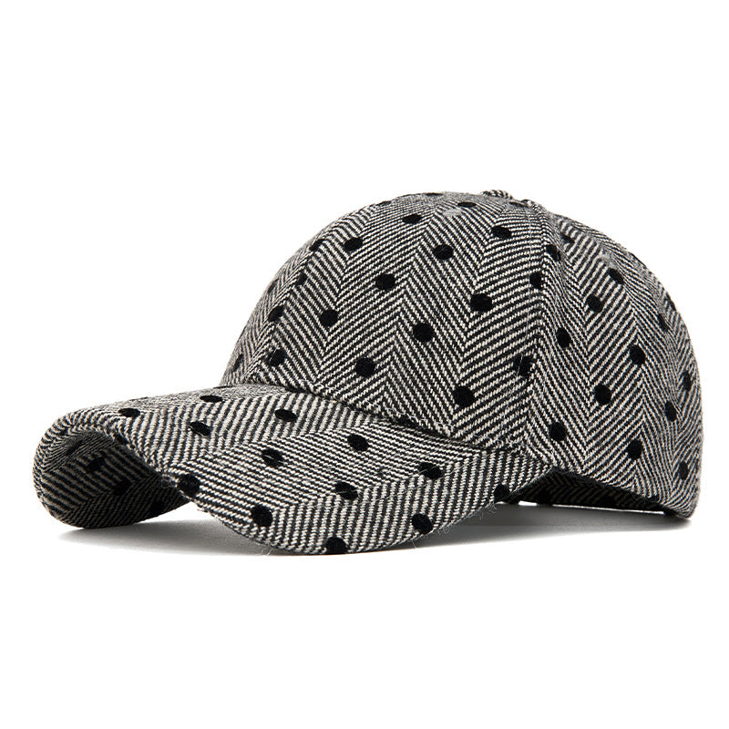Herringbone Knit Baseball Cap With Dotted Pattern - Grey