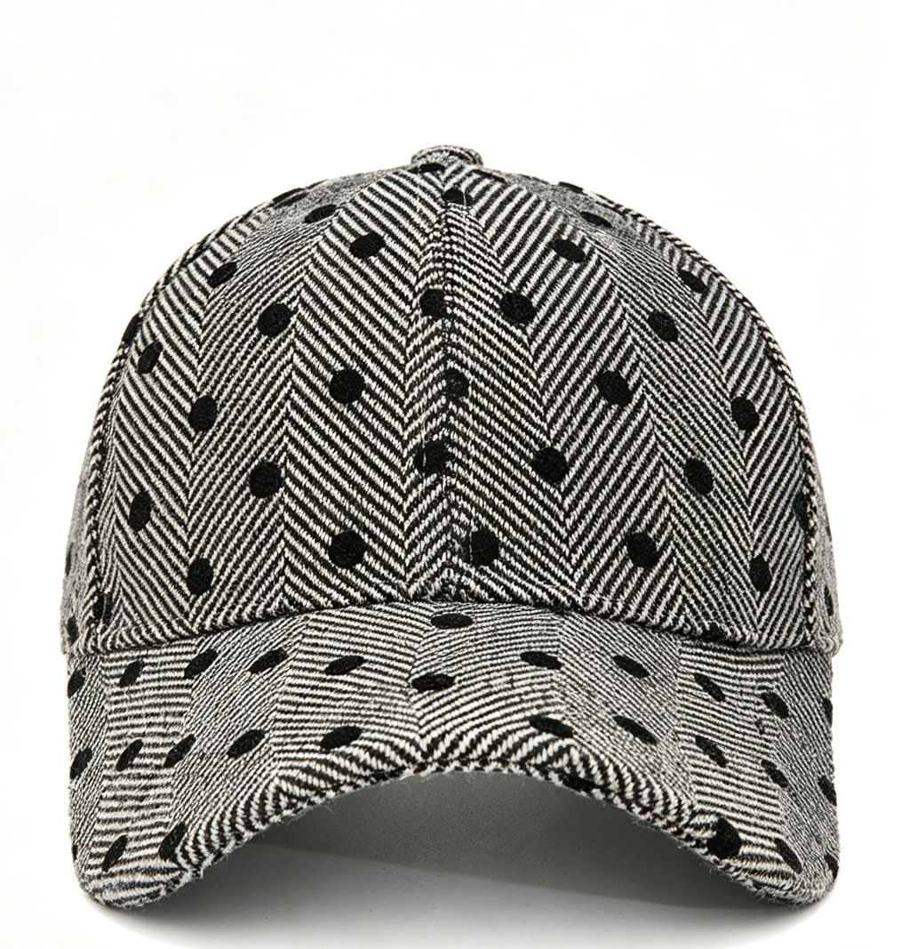 Herringbone Knit Baseball Cap With Dotted Pattern - Grey - 4