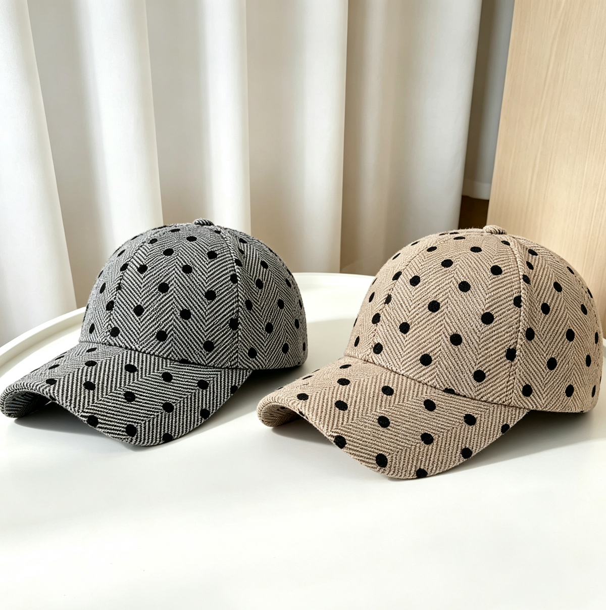 Herringbone Knit Baseball Cap With Dotted Pattern - Grey - 6