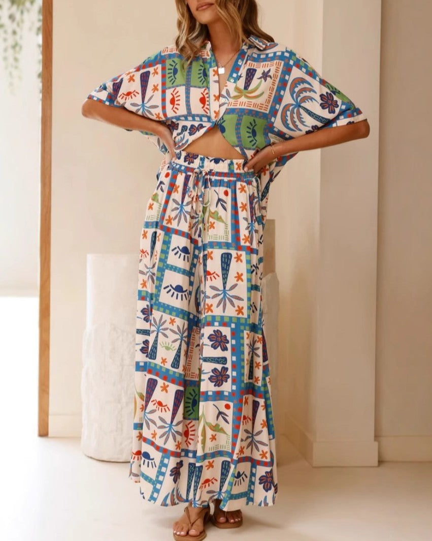 Tropical Patchwork Print Shirt and Pants Set - Color