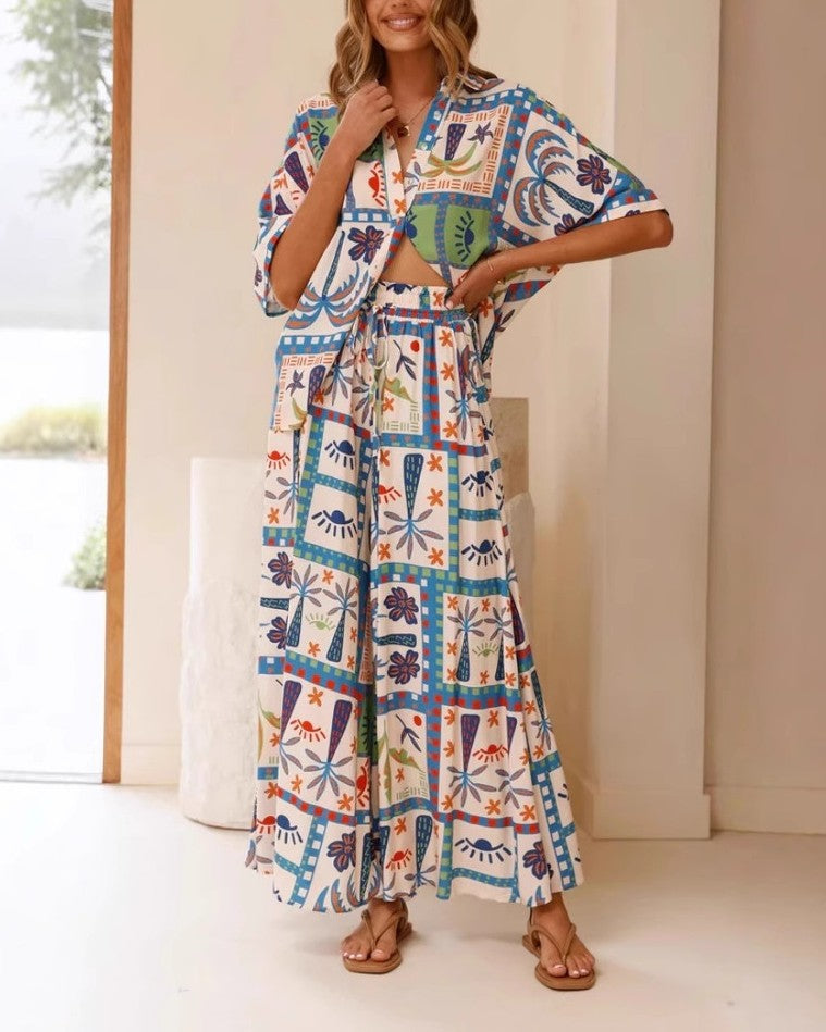 Tropical Patchwork Print Shirt and Pants Set - Color - 1