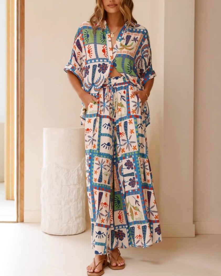 Tropical Patchwork Print Shirt and Pants Set - Color - 2