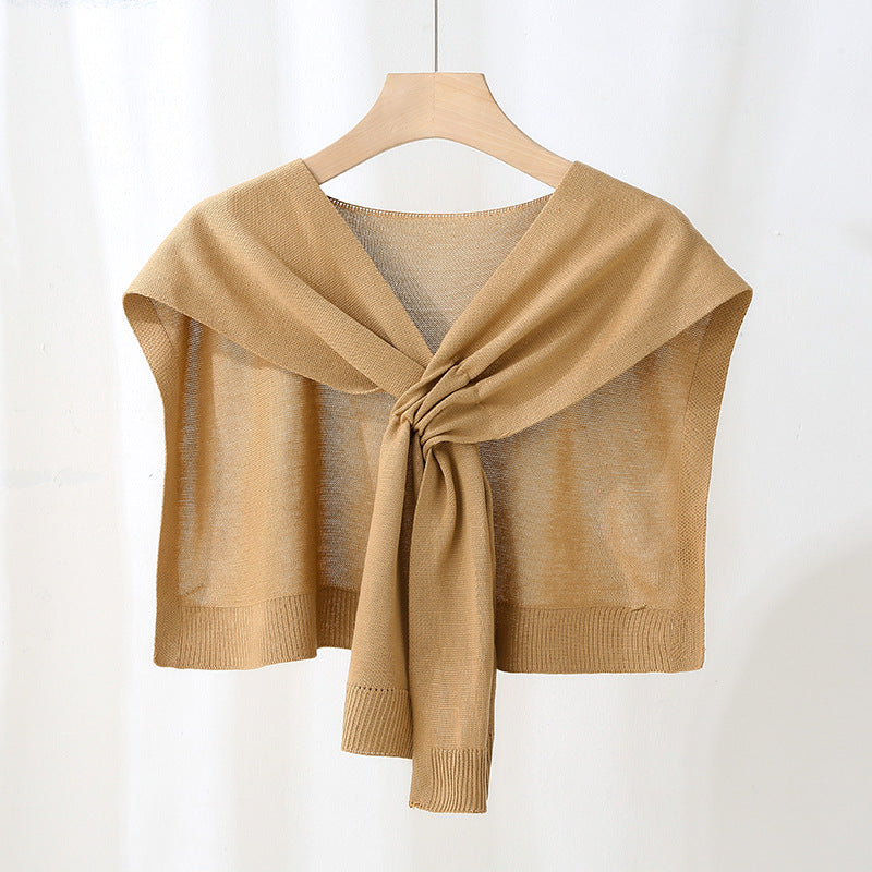 Fine Knit Tie Front Sweater Shoulder Wrap - Khaki