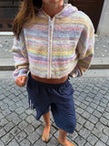 Pastel Striped Textured Knit Zip Hoodie Jacket - Rainbow