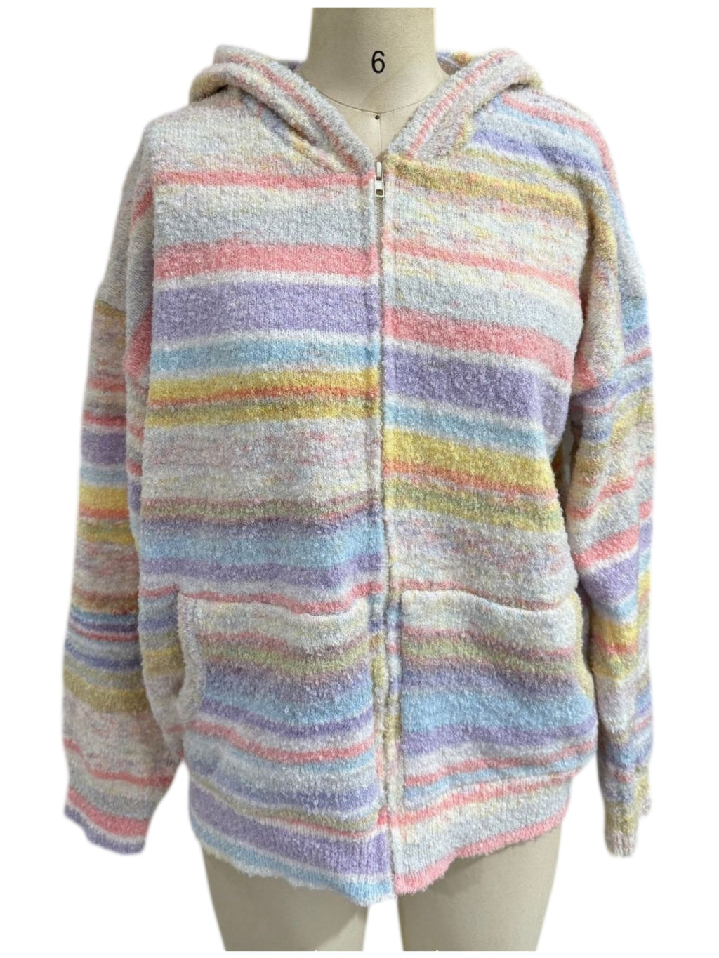 Pastel Striped Textured Knit Zip Hoodie Jacket - Rainbow - 1