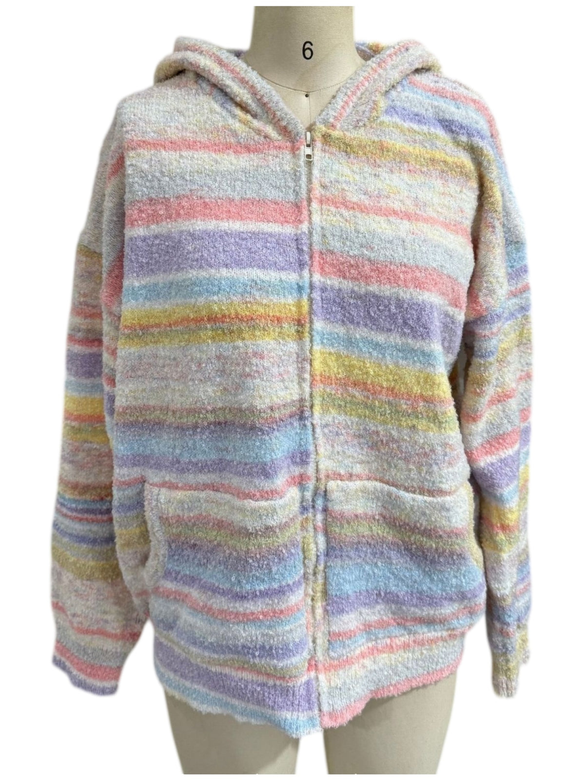 Pastel Striped Textured Knit Zip Hoodie Jacket - Rainbow - 1