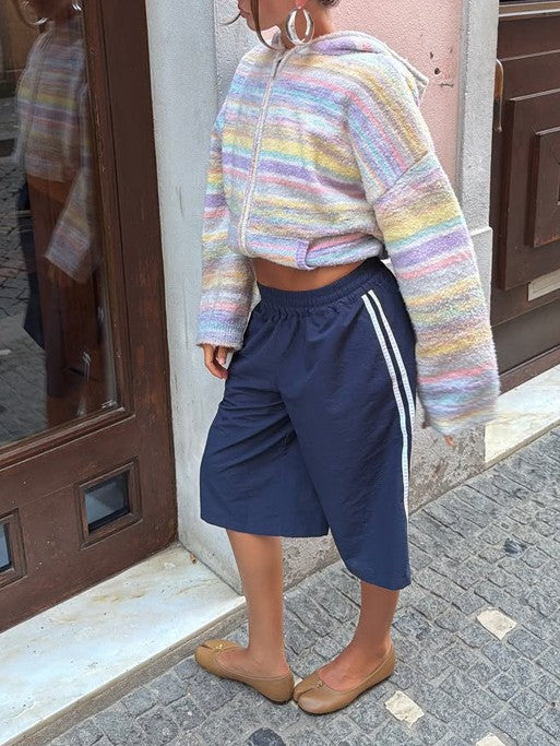 Pastel Striped Textured Knit Zip Hoodie Jacket - Rainbow - 4