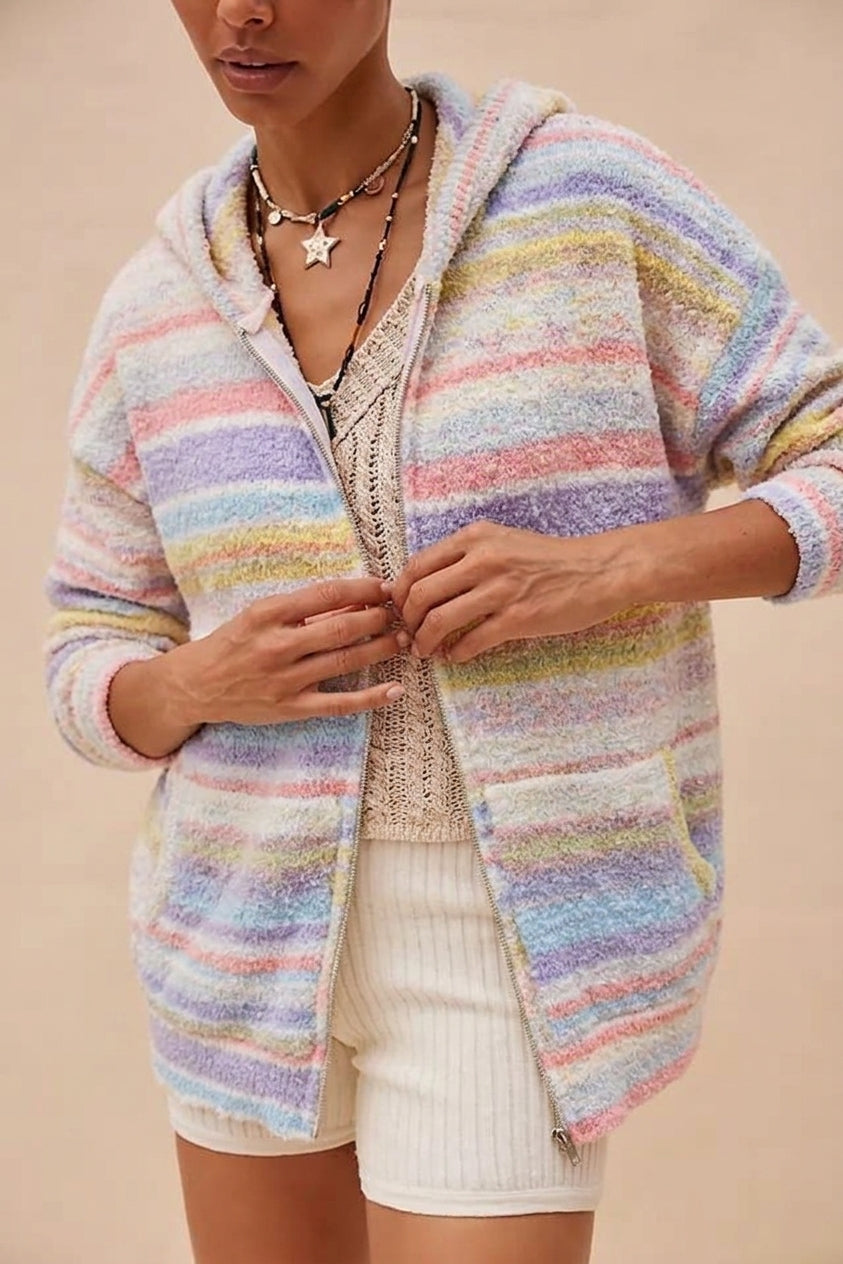 Pastel Striped Textured Knit Zip Hoodie Jacket - Rainbow - 7