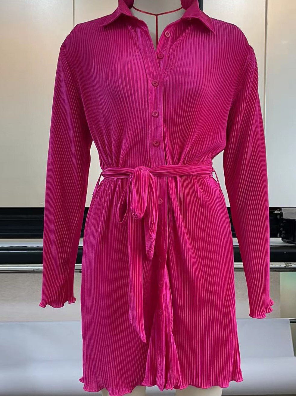 Pleated Belted Long Sleeve Mini Shirt Dress - Rosered