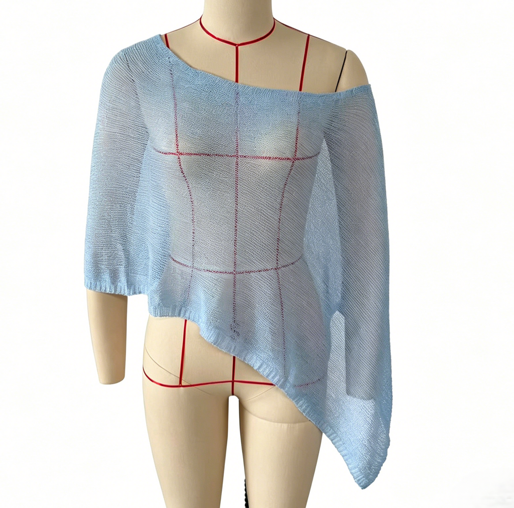 Sheer Knit Asymmetric Beach Cover Up - Blue
