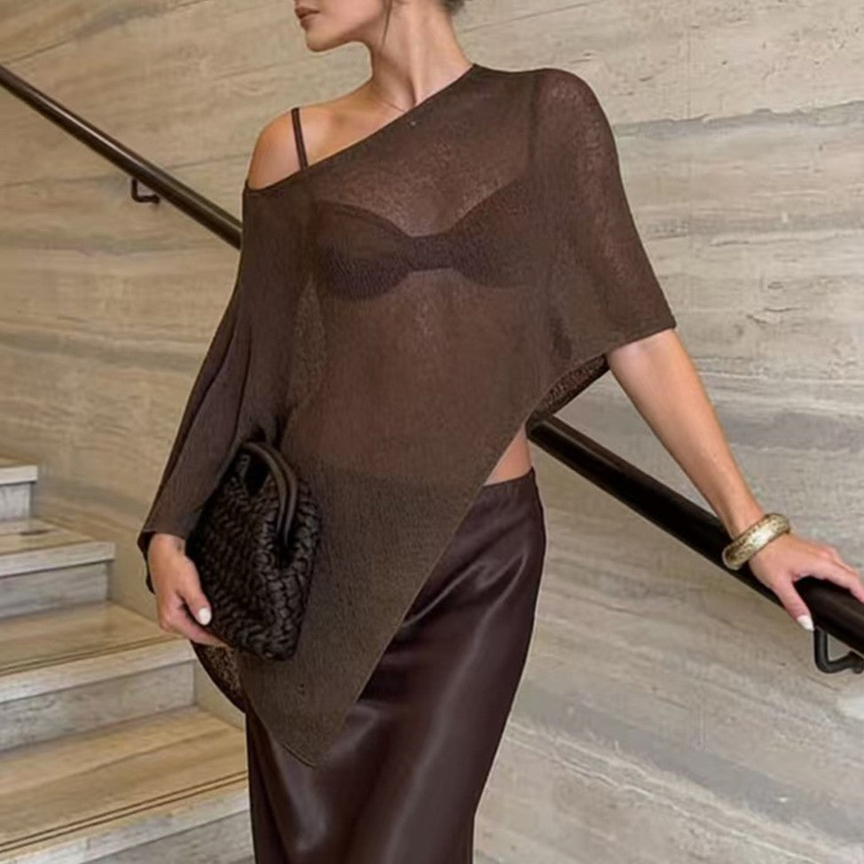Sheer Knit Asymmetric Beach Cover Up - Coffee