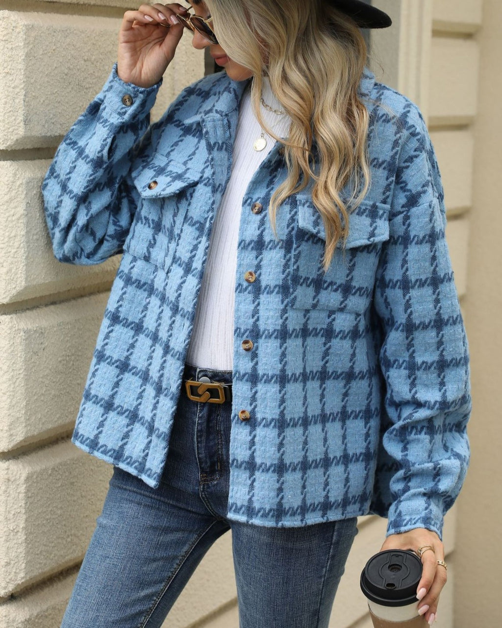 Tweed Check Flap Pocket Shacket - Blue