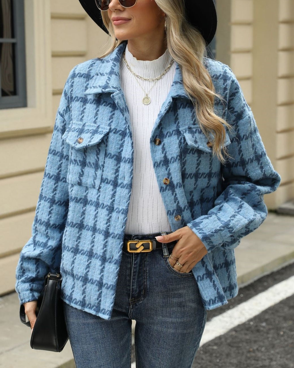 Tweed Check Flap Pocket Shacket - Blue - 3