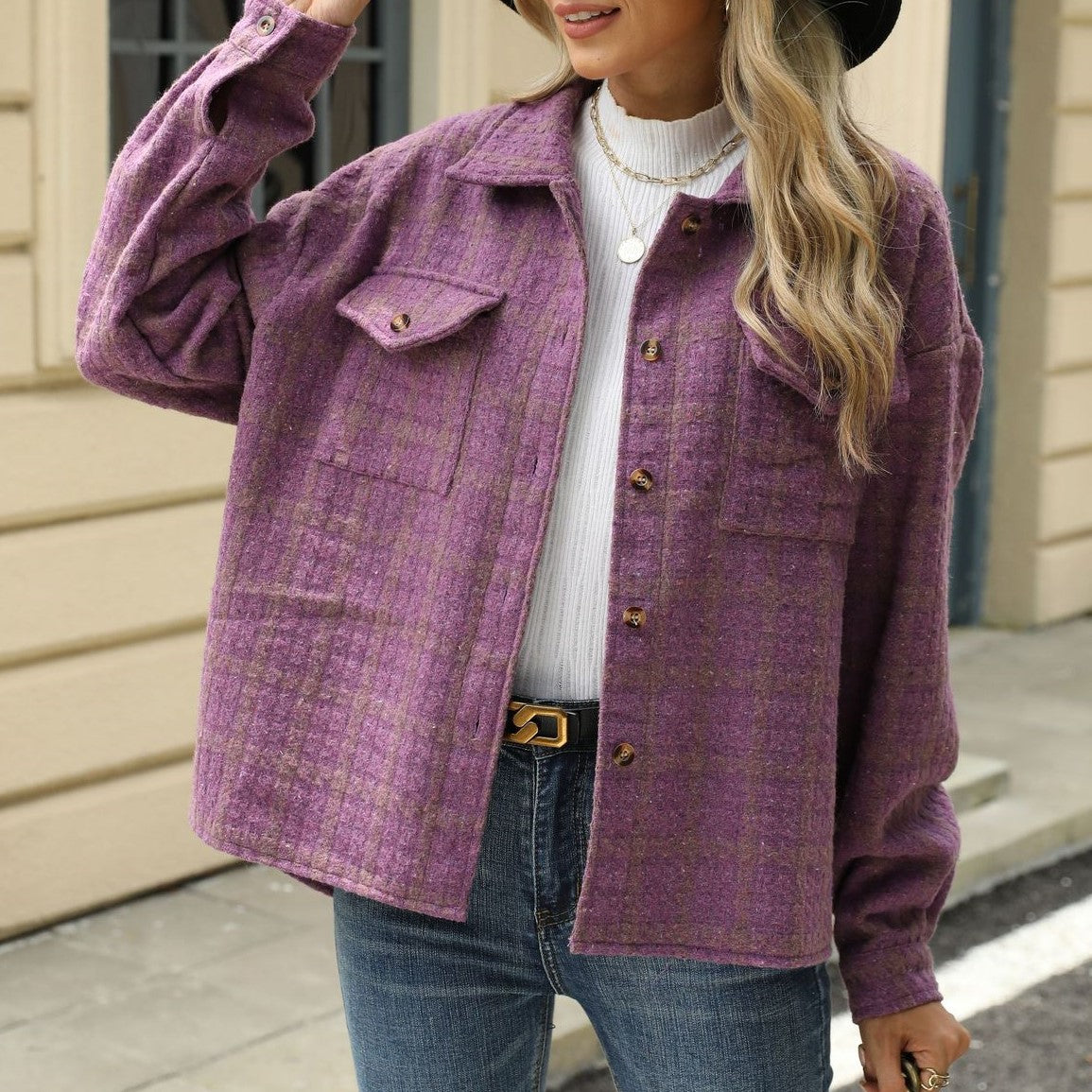 Tweed Check Flap Pocket Shacket - Purple