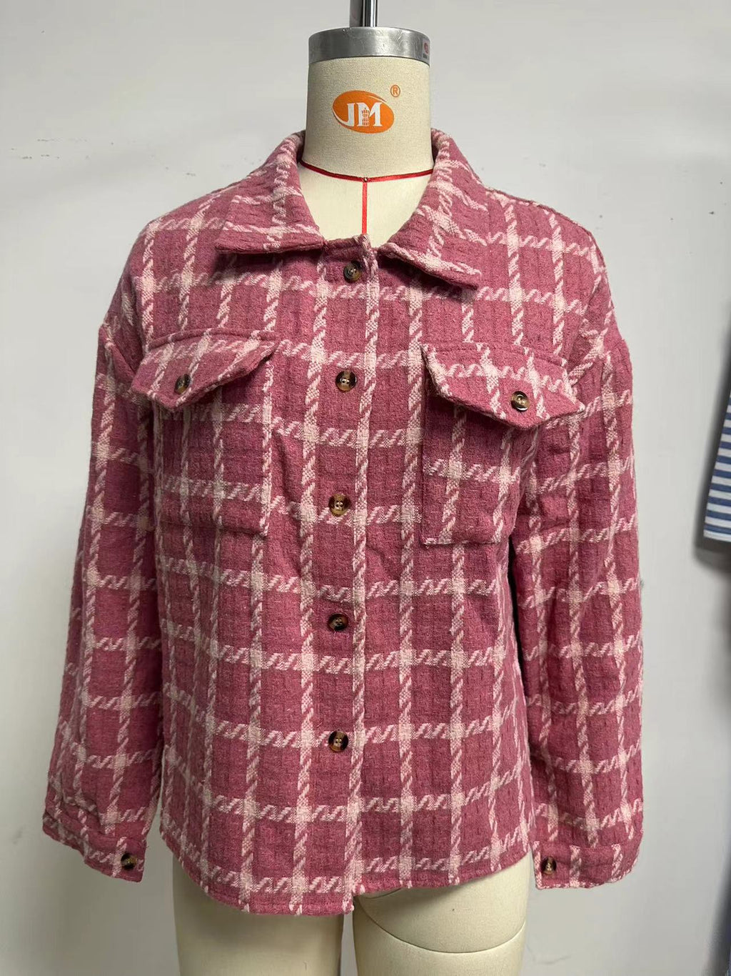 Tweed Check Flap Pocket Shacket - RoseRed