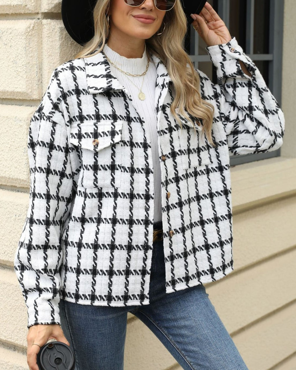Tweed Check Flap Pocket Shacket - White