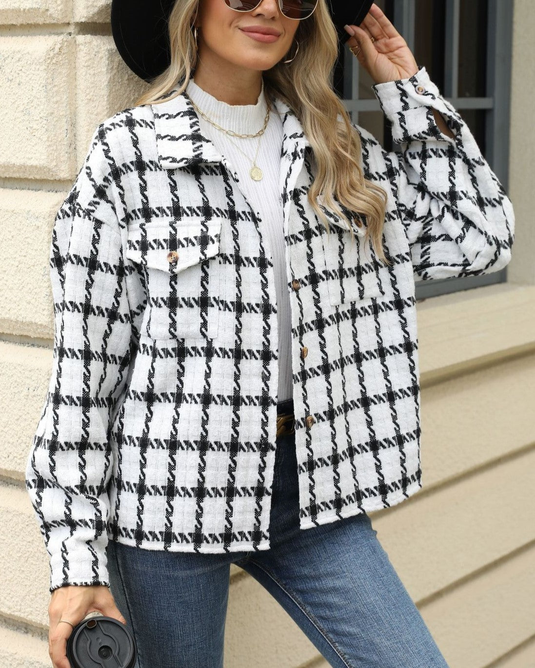 Tweed Check Flap Pocket Shacket - White