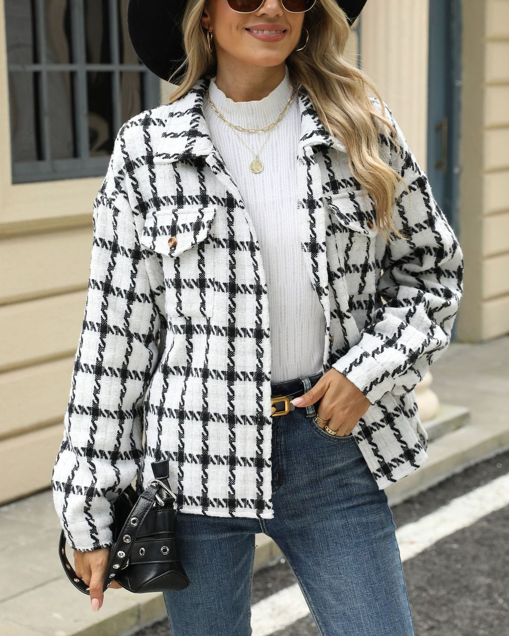 Tweed Check Flap Pocket Shacket - White - 1