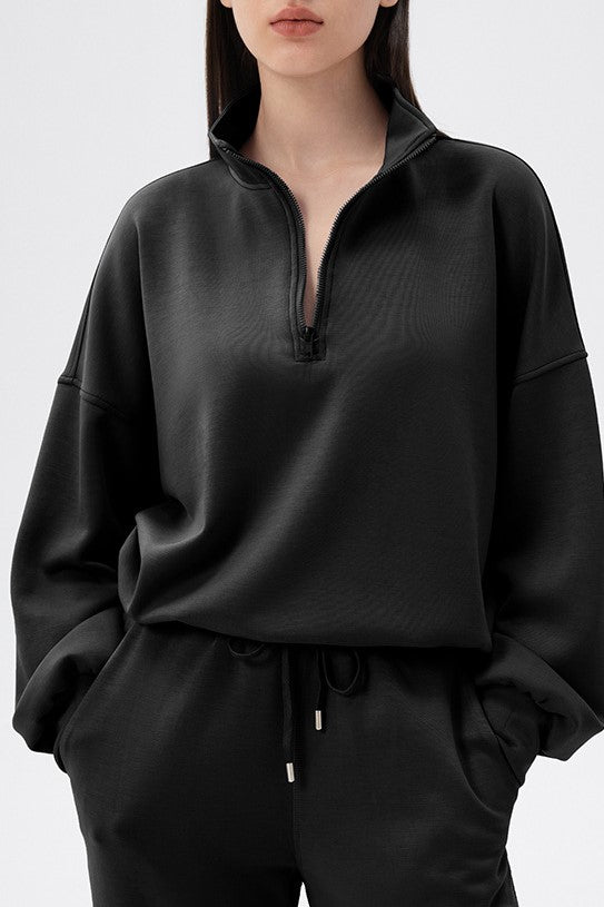 Half Zip Funnel Neck Oversized Sweatshirt - Black