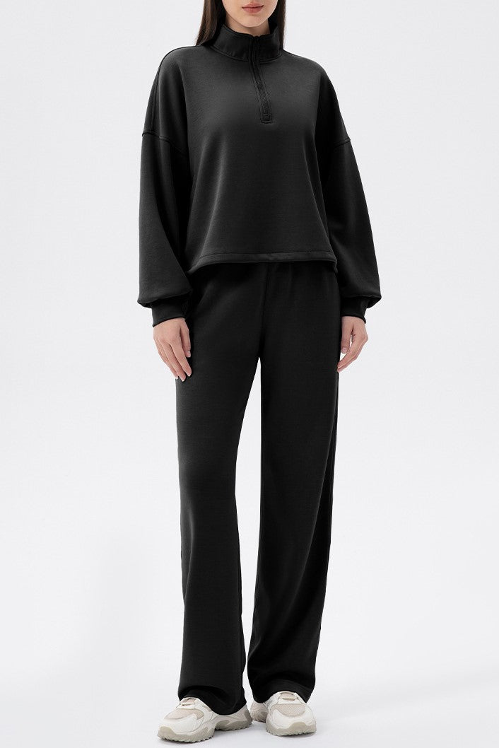 Half Zip Funnel Neck Oversized Sweatshirt - Black - 1
