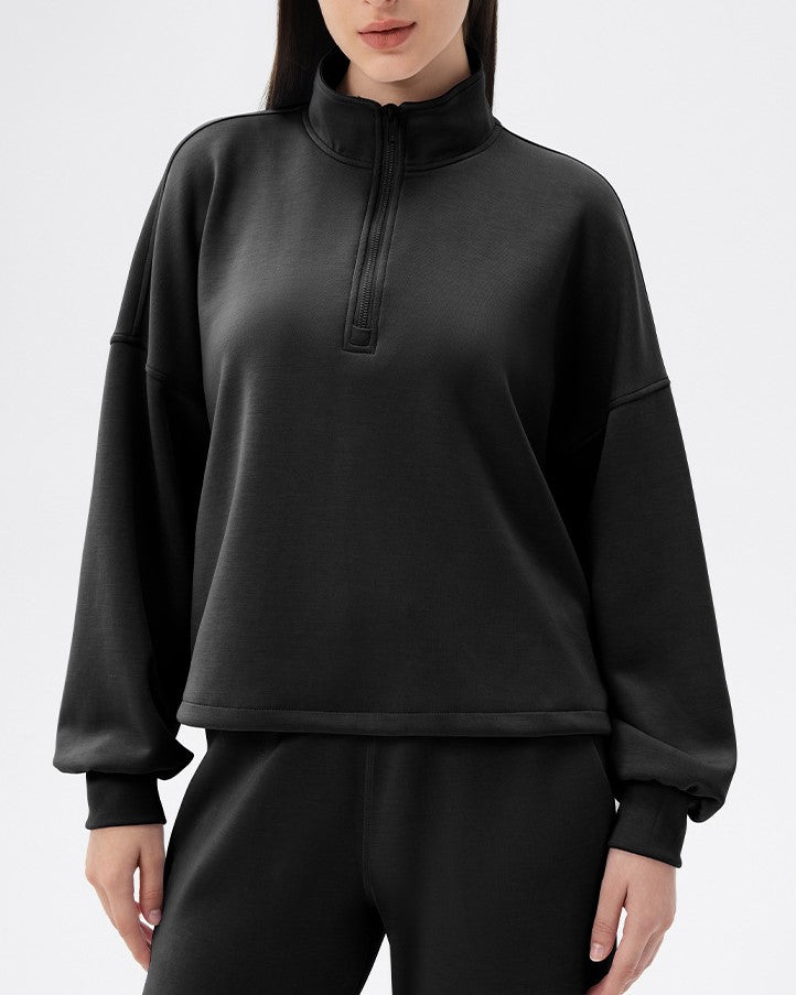 Half Zip Funnel Neck Oversized Sweatshirt - Black - 2