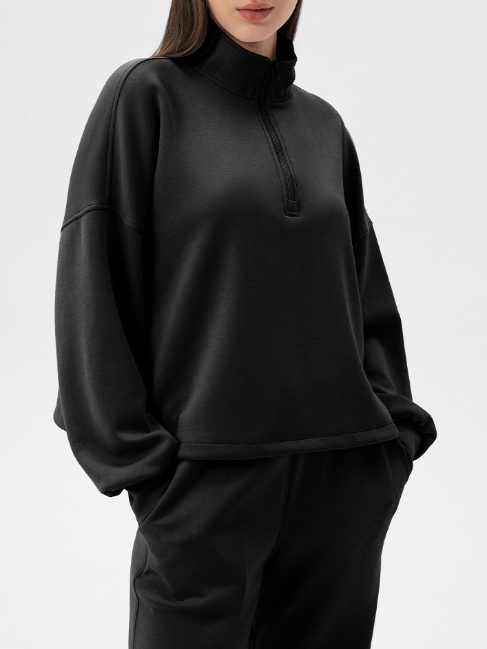 Half Zip Funnel Neck Oversized Sweatshirt - Black - 3