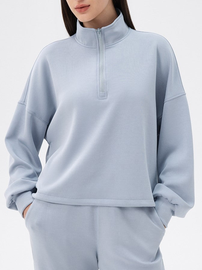 Half Zip Funnel Neck Oversized Sweatshirt - Blue - 1