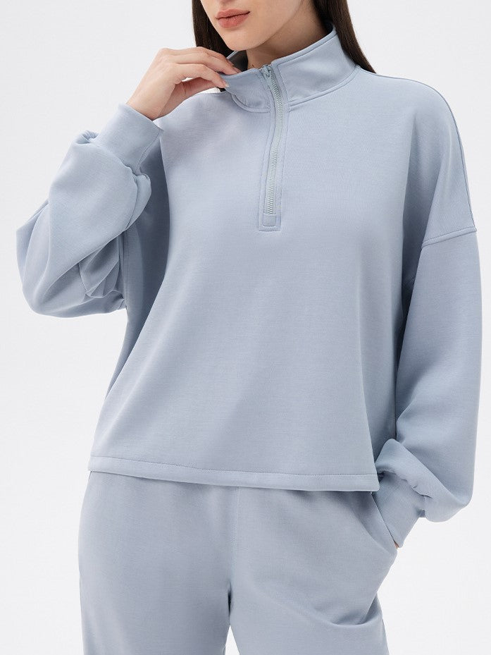 Half Zip Funnel Neck Oversized Sweatshirt - Blue - 2