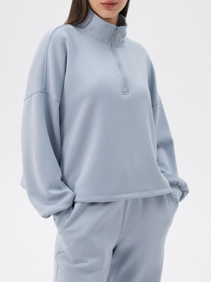 Half Zip Funnel Neck Oversized Sweatshirt - Blue - 3