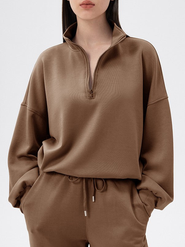 Half Zip Funnel Neck Oversized Sweatshirt - Brown